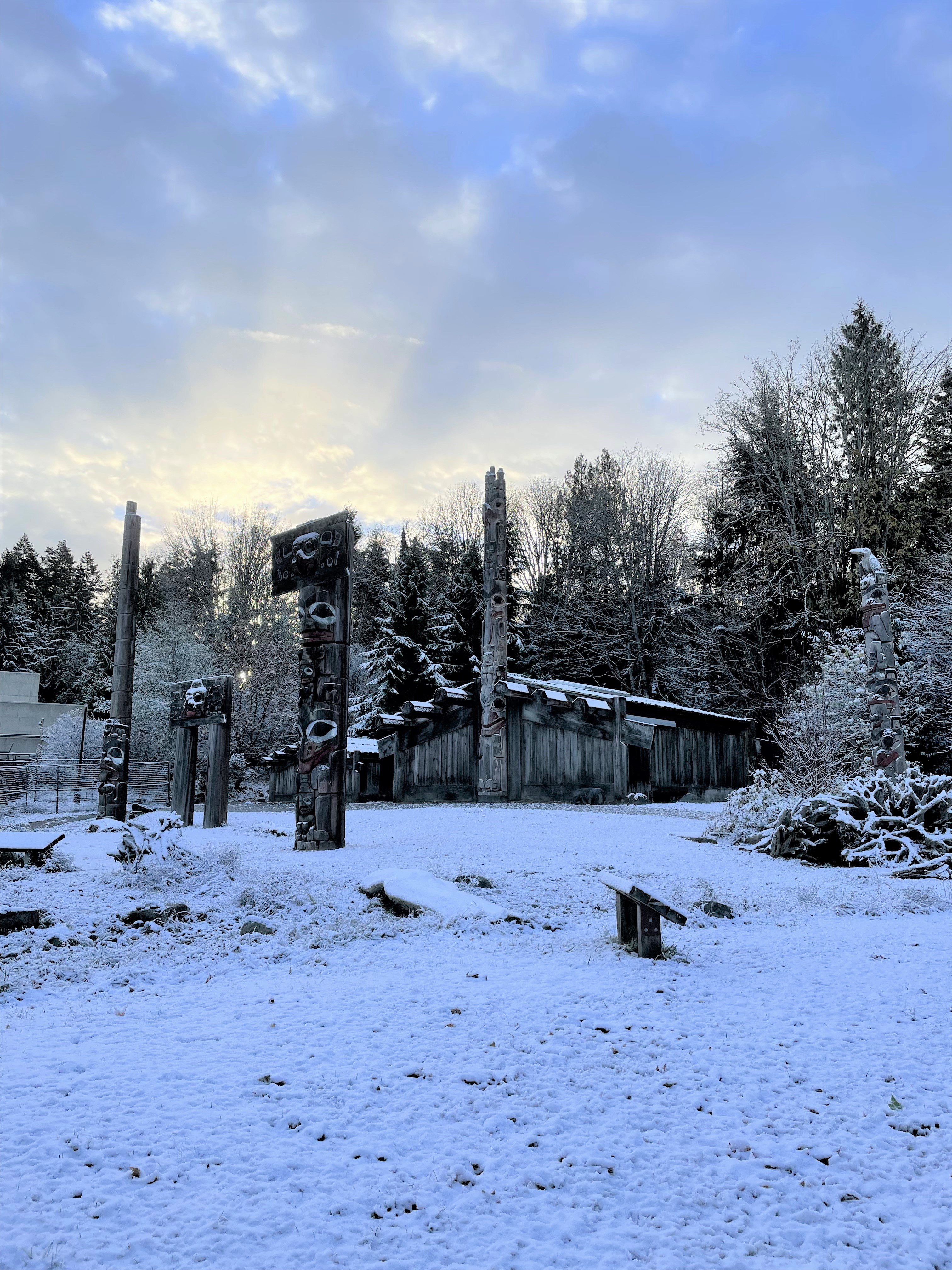 The Haida House behind the Museum of Anthropology sits in a fresh coat of snow.