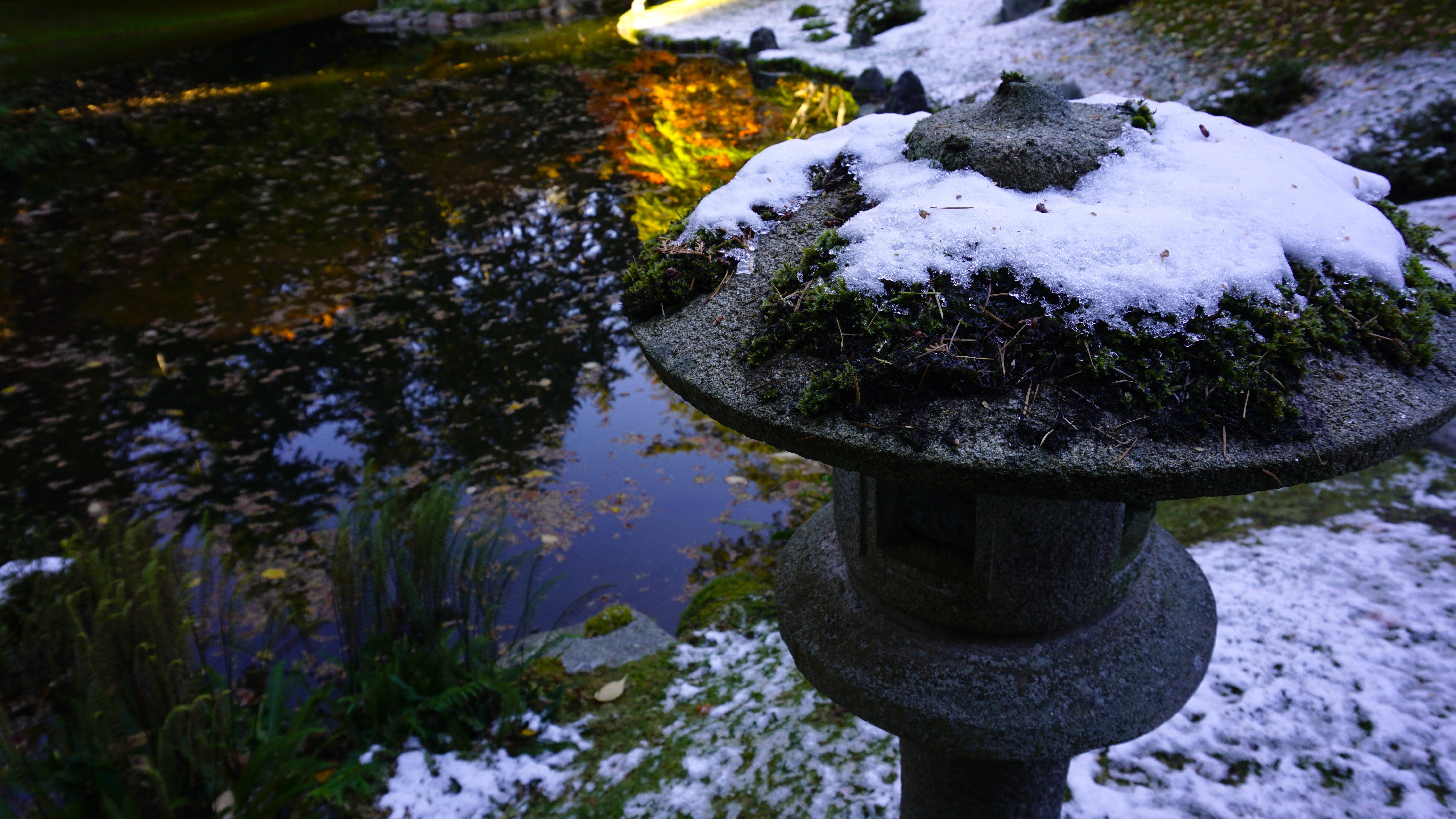 A snow-covered lantern in Nitobe Memorial Garden.