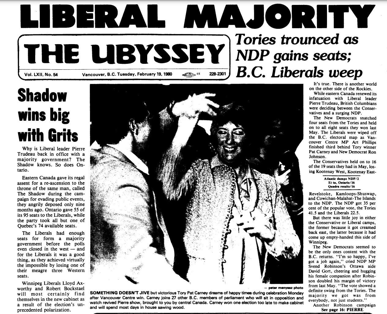 An article announcing the Liberal majority government and Carney's first MP win.