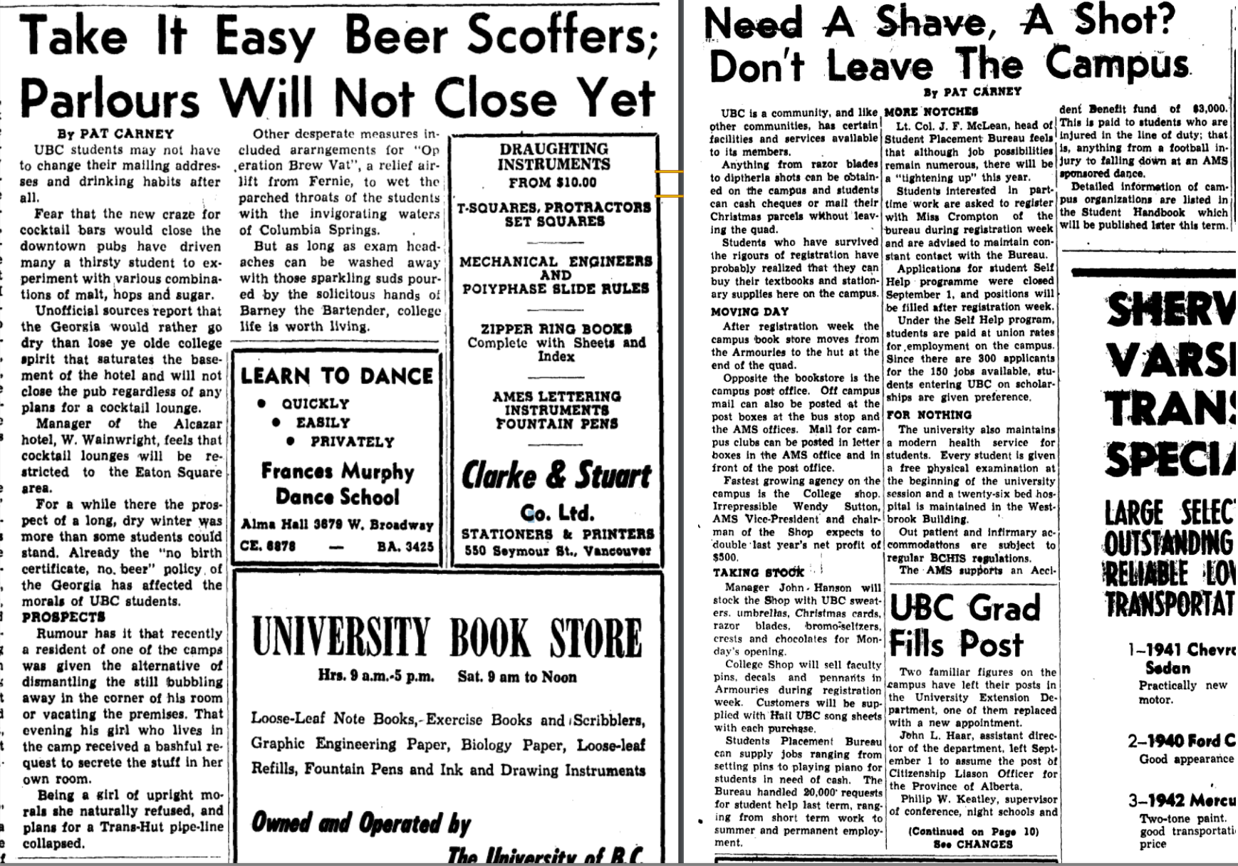 Carney wrote about beer on campus for the November 20, 1953 (left) and September 15, 1954 (right) issues.