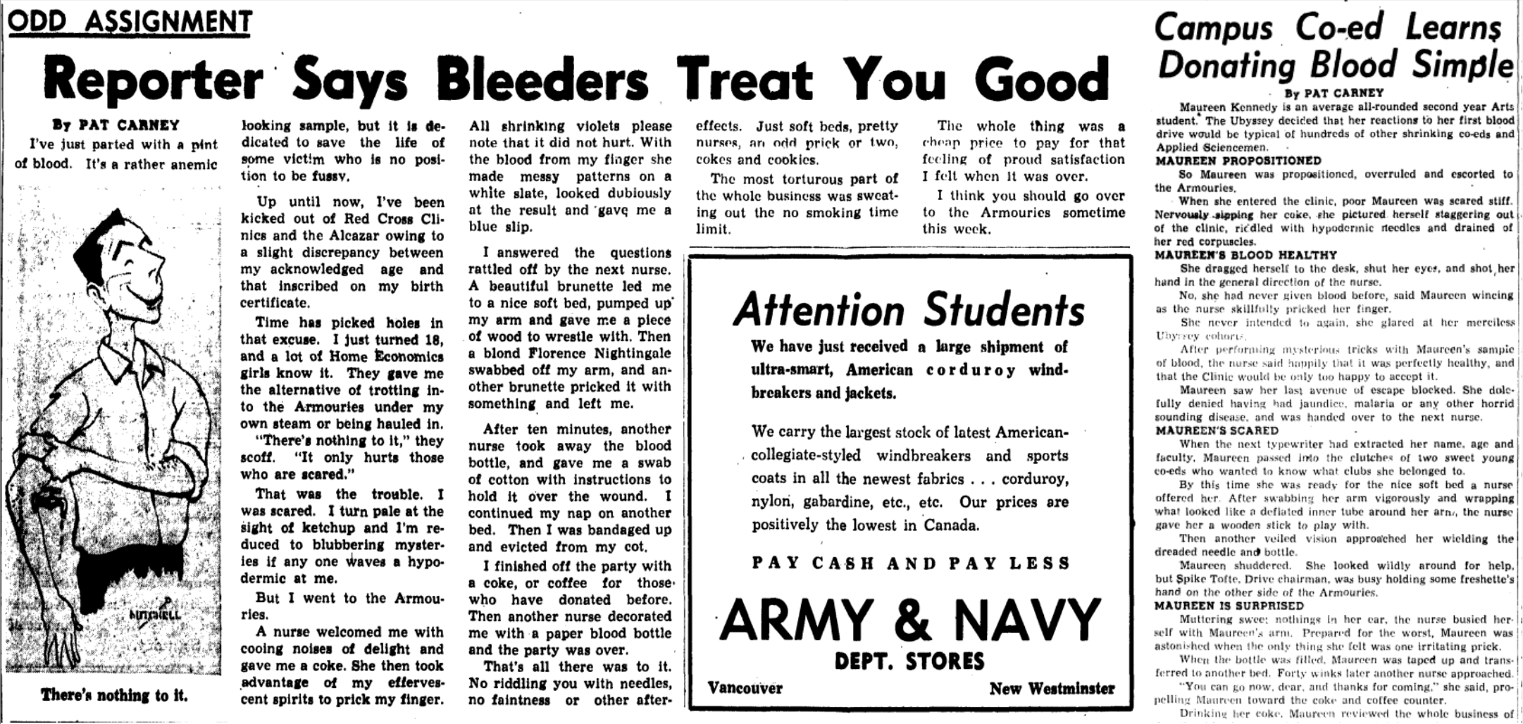 One of Carney's "odd assignment[s]" at the paper included writing about blood donation in the October 6, 1953 (left) and February 5, 1954 (right) issues.